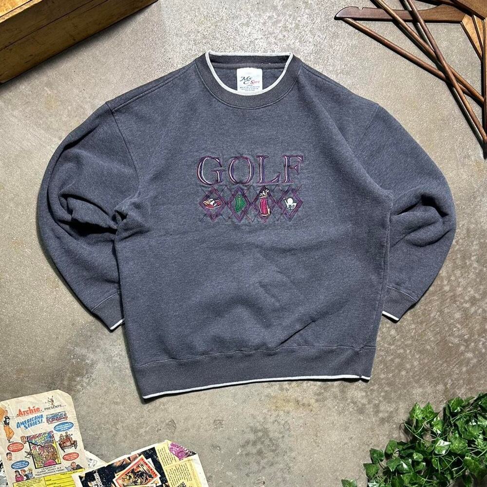 Vintage 90s Golf Embroidered Crewneck Mens Large Gray Purple Boxy Sweatshirt